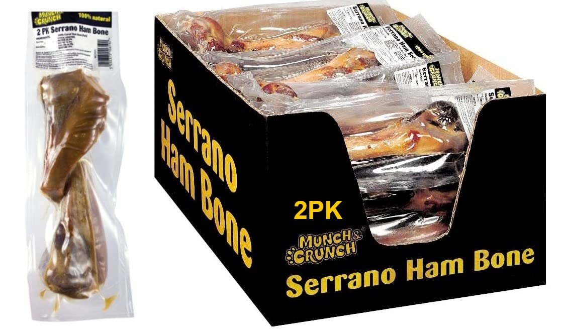 HOT BARGAINS Munch & Crunch Serrano 2pk Ham Bone Large Serrano Ham Bones Chew 100% Natural Cured Dog Bones Protein Treat for Dogs