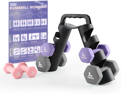 PhysKcal Hex Dumbbells Set of 6 with Stand 1kg 2kg 3kg Neoprene