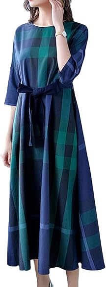 Amazon ソングオブソング Song Of Song 初秋 ワンピース レディース チェック柄 ミモレ丈 ロング丈 綿麻混 ドロップショルダー 七分袖 ウエスト紐 ナチュラル 上品 大人 着痩せ 体型カバー ふんわり オシャレ 通勤 デート パーティー ワンピース チュニック 通販