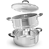 SUNHOUSE 4.6 QT Stainless Steel Steamer Pot for Cooking with Glass Lid | 2-Tier Food Steaming Basket Insert Vaporera - Stovetop Steamer for Vegetables - Tri-Ply Induction Base, Stay-Cool Handles