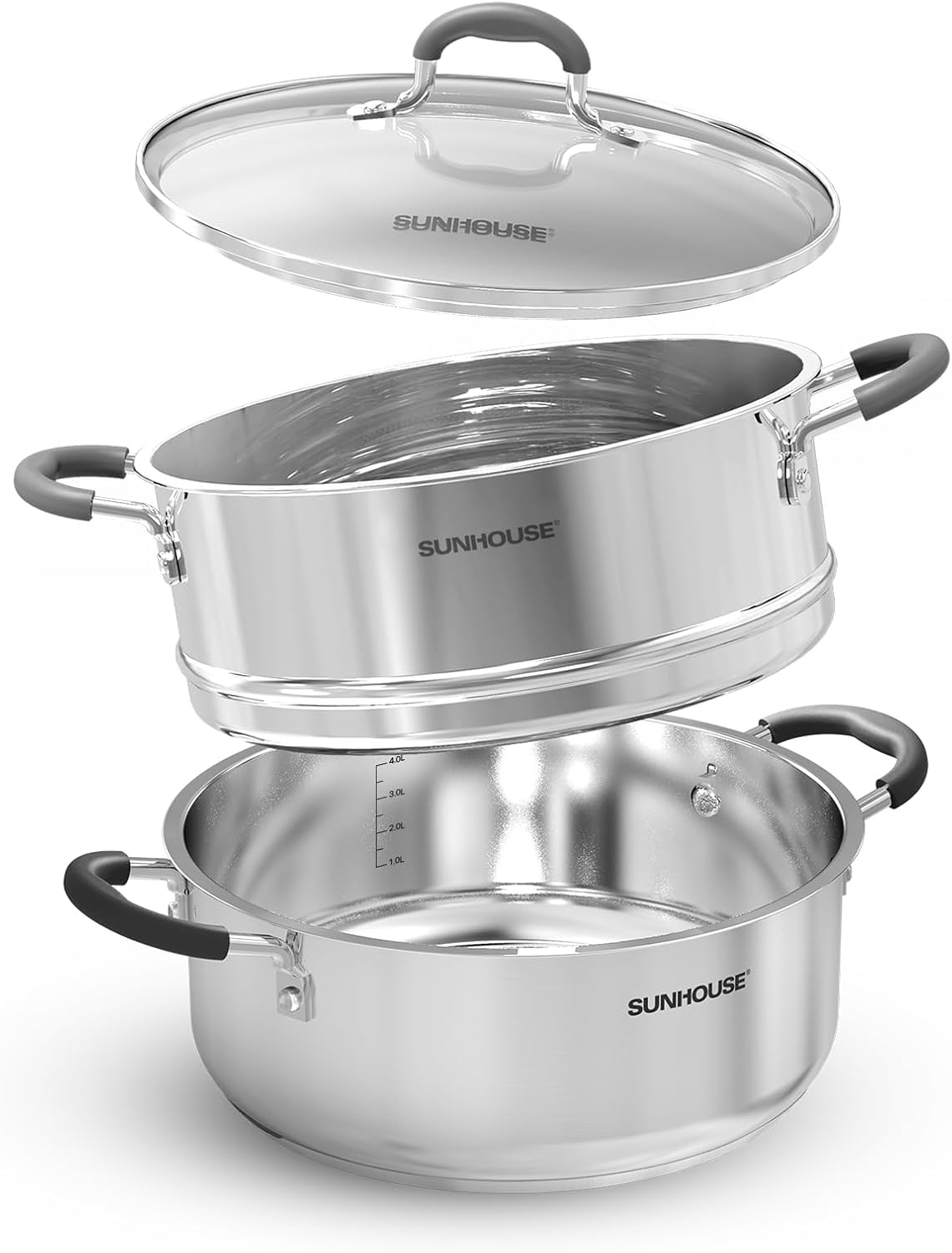 Photo 1 of SUNHOUSE - 4.6 Quart Steamer Pots With Lid 2-Tier Multipurpose Stainless Steel Steaming Pot Cookware With Handle For Vegetable, Dumpling, Sauce, Food - Triple Bottom, Measurement Line
