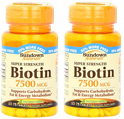 Sundown Naturals Super Strength Biotin 7500 Mcg Tablets, 75 Count (2 X 75 Count Bottles)