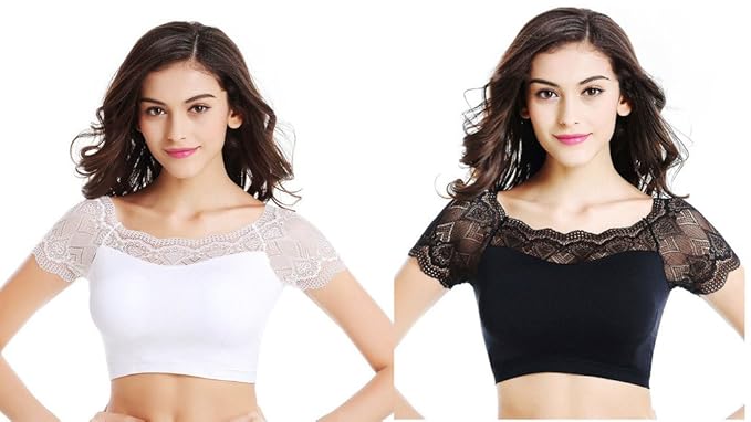 Women's Nylon Lace Padded Blouse -Pack of 2 - SFH020_W_BK_4_White and Black_Free Size