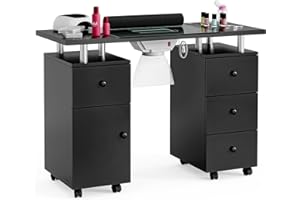 Belandi Manicure Table, Glass Top Nail Tech Desk Nail Table Station for Nail Tech w/Electric Downdraft Vent, Wrist Cushion, Lockable Wheels, Storage Drawers, Wooden Handles (Black)