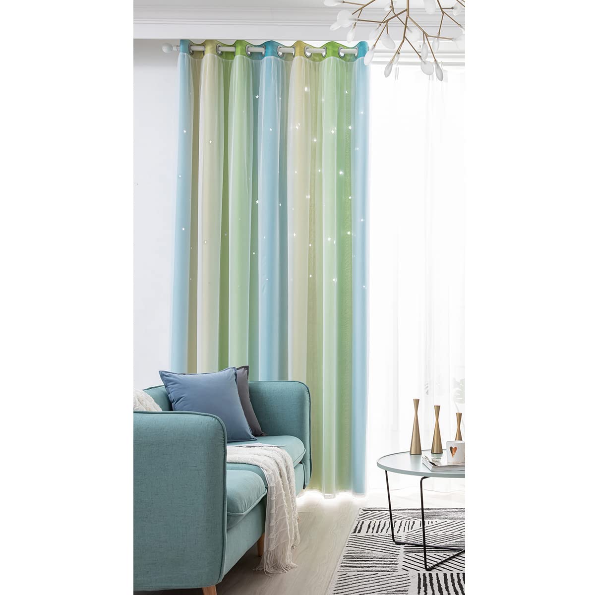 ele ELEOPTION Stars Blackout Curtains, Cut Out Stars Drapery with Eyelet, for Kids Girls Bedroom Living Room Colorful Double Layer Star Window Curtains, 1 Panel (Green, 53" W x 63" L (134x160cm))