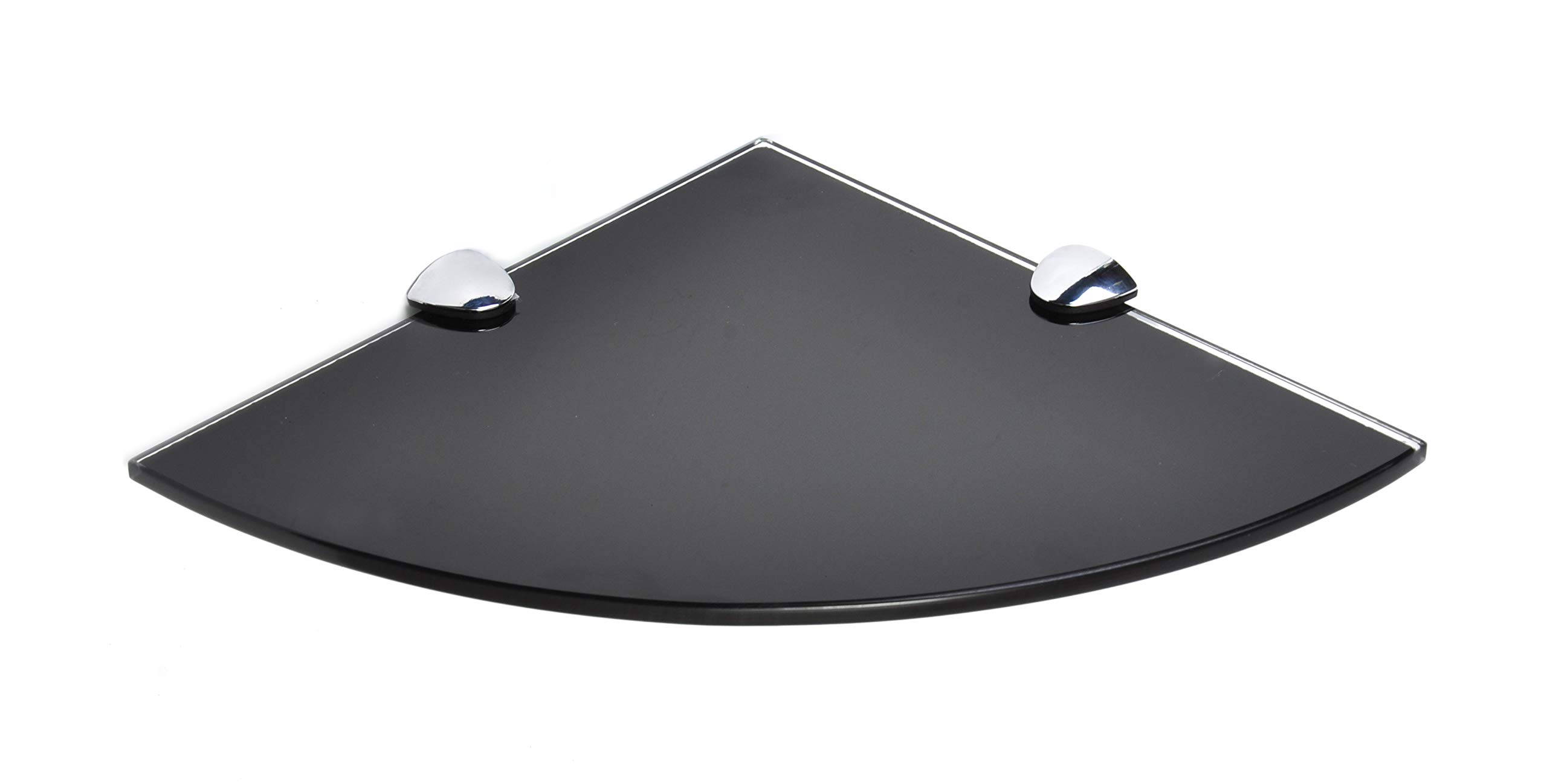 BSM Marketing Black, White or Clear 250mm (10“ approx) 6mm thickness Toughened Glass Corner Shelves for Bathroom Bedroom Kitchen Office with Large Chrome Finish Shelf Brackets Supports (Black)