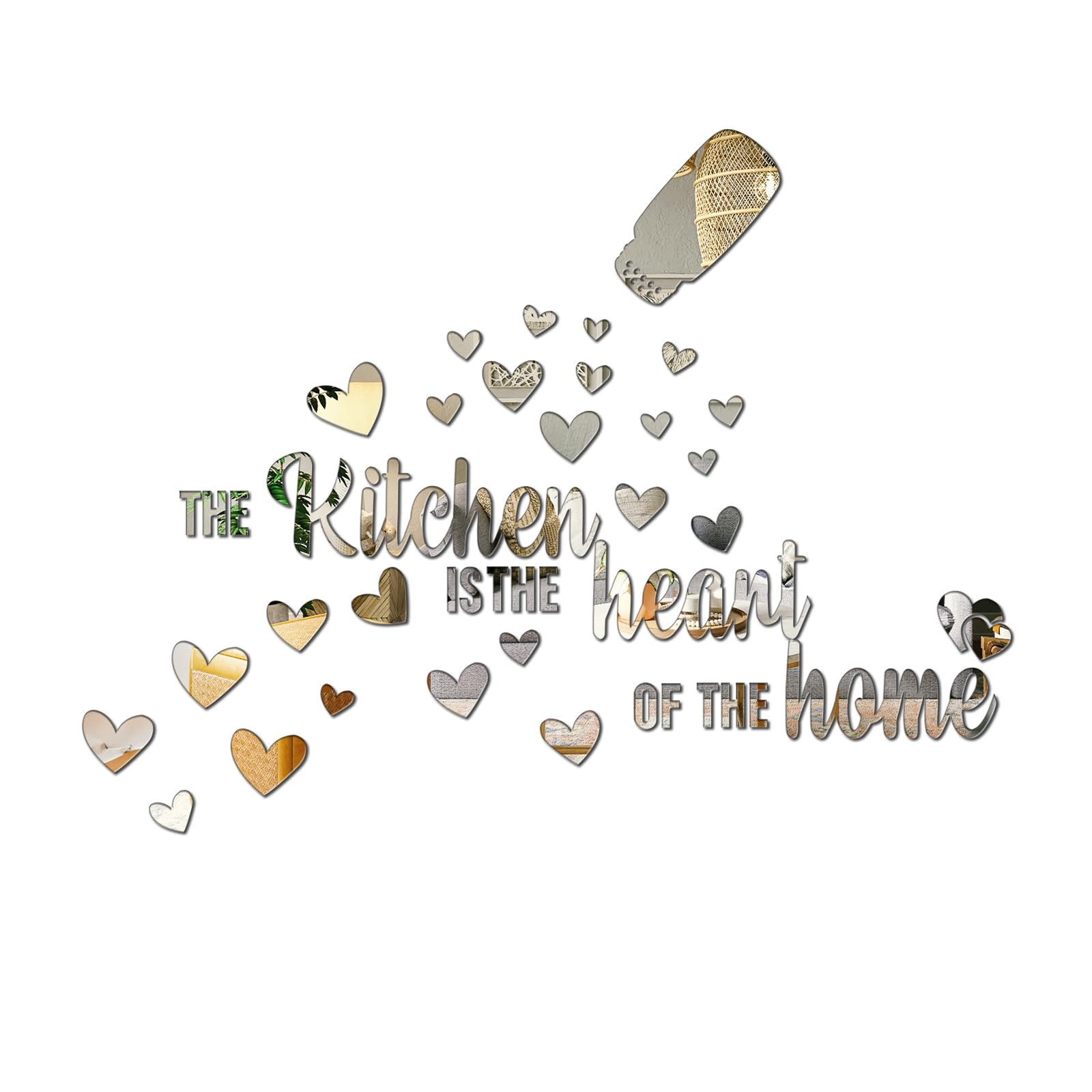 The Kitchen is The Heart of The Home Mirror Wall Sticker, Acrylic Kitchen Wall Decal, Peel and Stick Inspirational Quotes Decor Art Mural Saying for Family Dining Living Room (Silver)