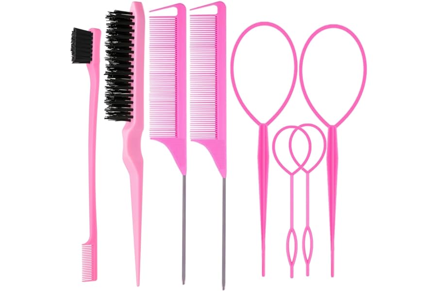 ZVOREI 8Pcs Hair Brushes Set with 4Pcs Topsy Hair Tail Tools 1Pcs Bristle Teasing Hair Brush 1Pcs Edge Control Brush 2Pcs Metal Pin Rat Tail Combs for Woman Girl hair Styling,Edge&Back Brushing,Pink