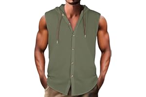 HJINGSUN Sleeveless Hoodies for Men Cotton Linen Button Up Hooded Shirts Breathable Drawstring Summer Vacation Beach Tops