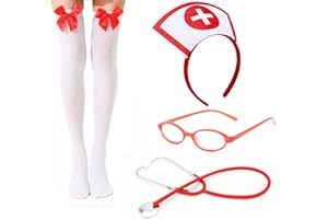 Nurse Costume Accessories Halloween Women Red Nurse Hat Headband Glasses Stethoscope High Sock for Cosplay Party