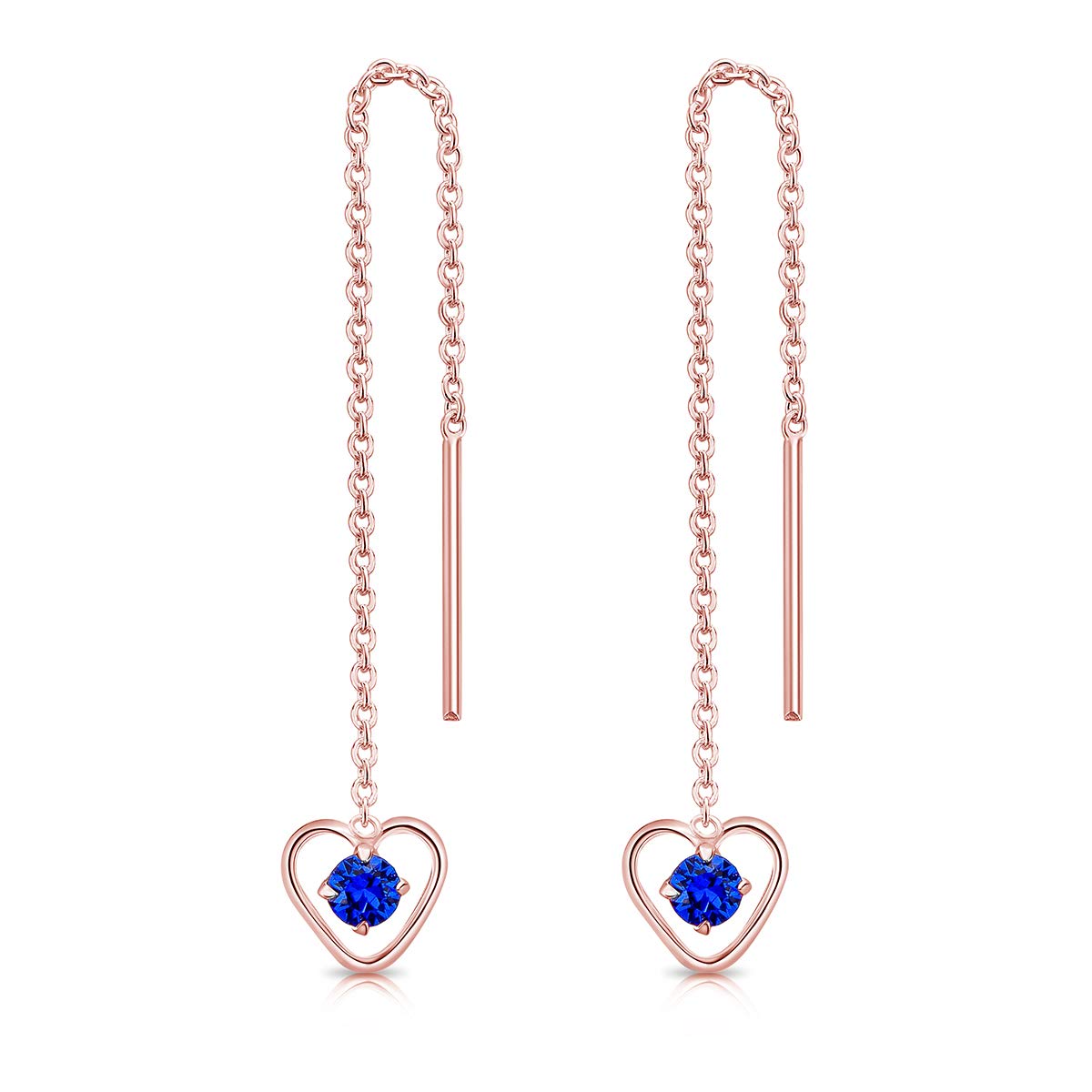 DTPsilver® 925 Sterling Silver Rose Gold Plated Pull Through Drop Chain Earrings & Dangling Heart with SMALL Round 3 mm Crystals from Swarovski® Elements - Length 68 mm - Colour : Majectic Blue