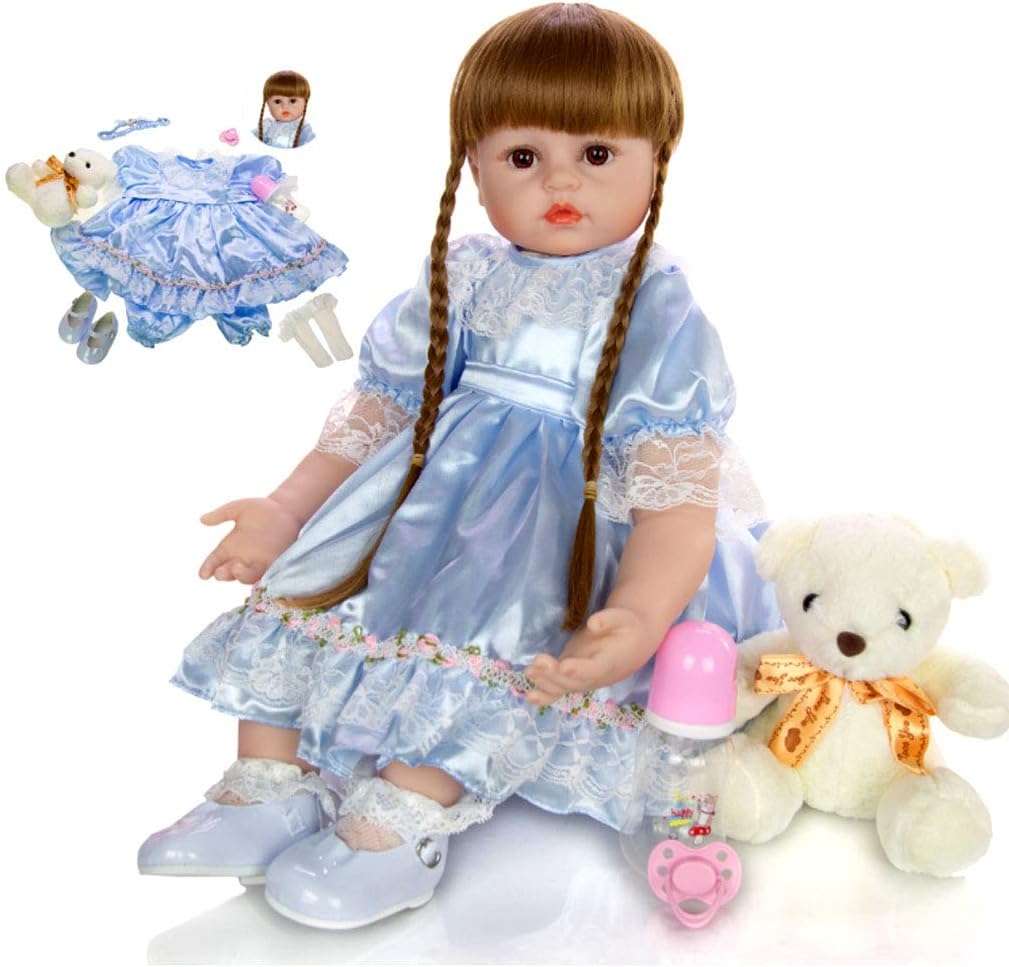 TINGSHOP Realistic Reborn Baby Dolls Girls, Long Blond Hair Blue Dress Toddler Pretty Girl Vinyl Newborn Soft Silicone Doll Magnetic Mouth Birthday Gift Toys for Age 3+
