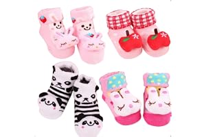 Kit 4 Pares Meias Bebê com Chocalho Pelúcia 3D Algodão Menino Menina Conforto Respirável 0 a 24 Meses Uso Diário