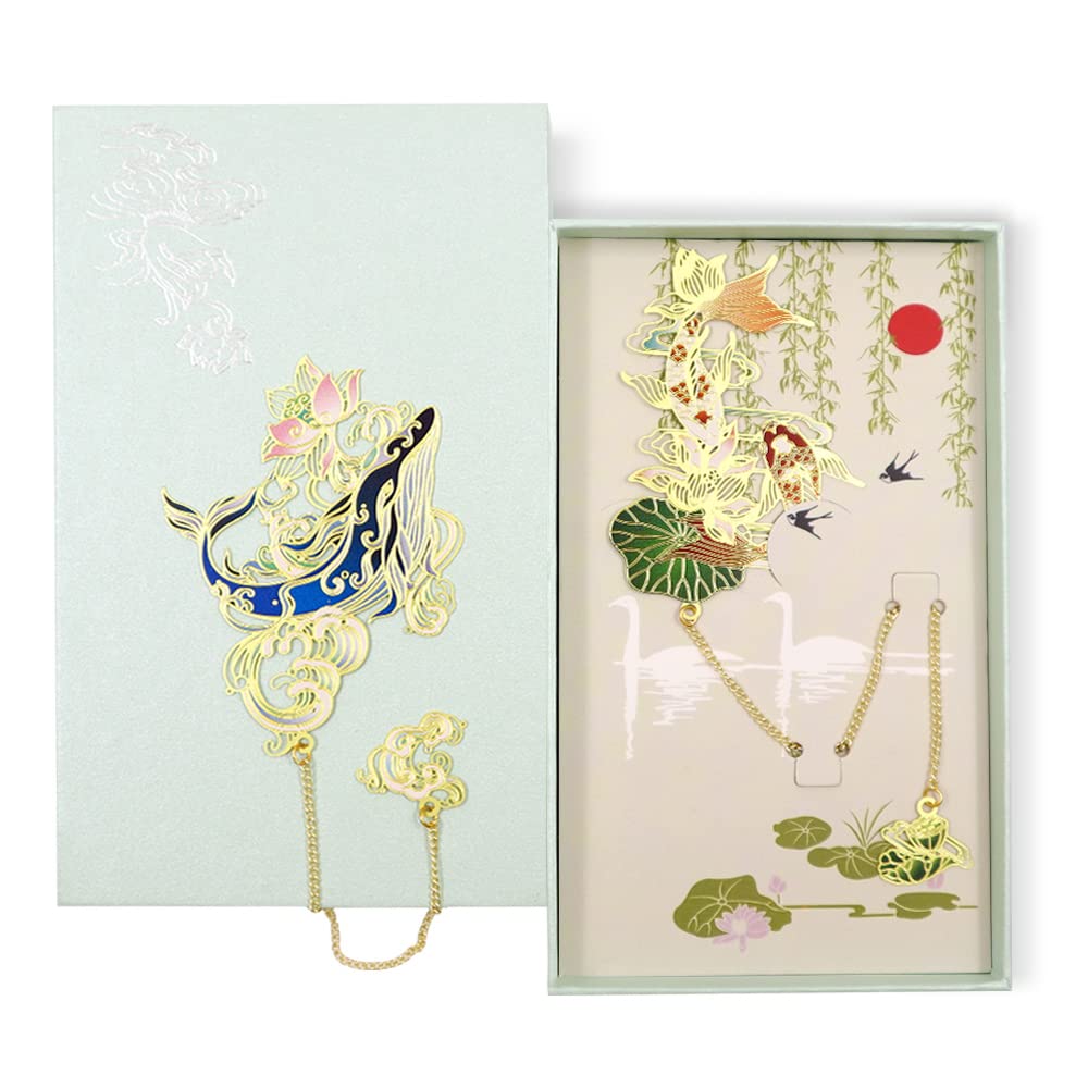 LELE LIFE 2Pack Metal Bookmarks with Exquisite Box, Colorful Vintage Metal Pendant Bookmarks, Hollow Brass Bookmarks for Readers Students, Style A+B