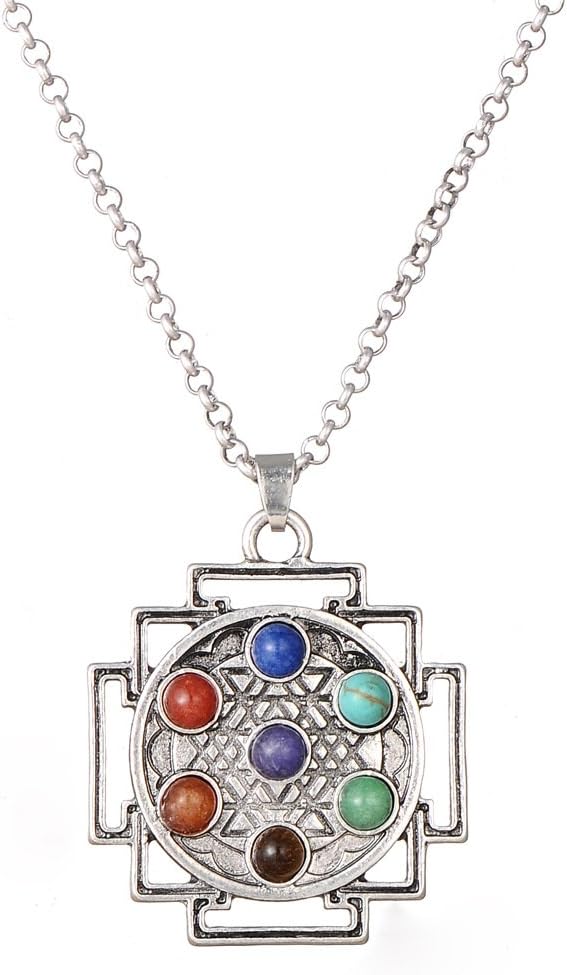 Sacred Geometry 7 Chakra Healing Crystals Necklace, Reiki Stones Pendant Jewelry