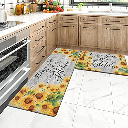 HEBE Sunflower Anti Fatigue Kitchen Floor Mat 2 Pieces Cushioned Farmhouse Kitchen Rugs Set