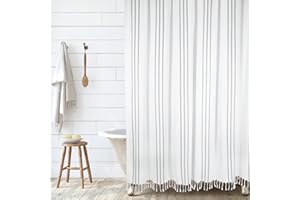 HALL & PERRY Modern Transitional White Stripe Shower Curtain with Tassels - Vertical Black Lines Striped 100% Cotton, 72" x 72"