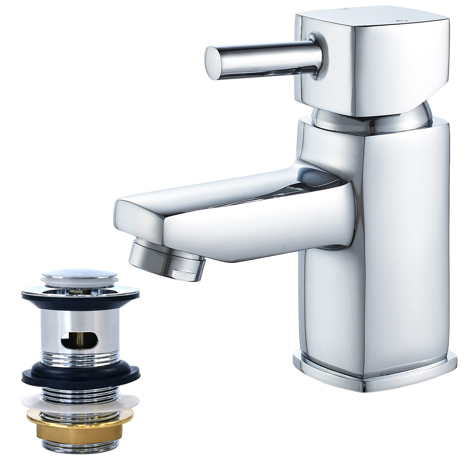 NewEast Basin Taps with pop up Waste,Mono Square Single Lever Chrome Bathroom Sink Mixer Tap for Washroom&Cloakroom