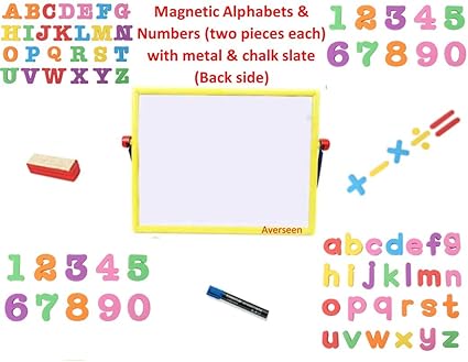 AVERSEEN Multicolour Plasto-Magnetic Letters (Upper & Lower case) and Two Pieces of Each Digit Numbers with Math Signs and Metal Stale for Initial Smart Learning of Kids. 