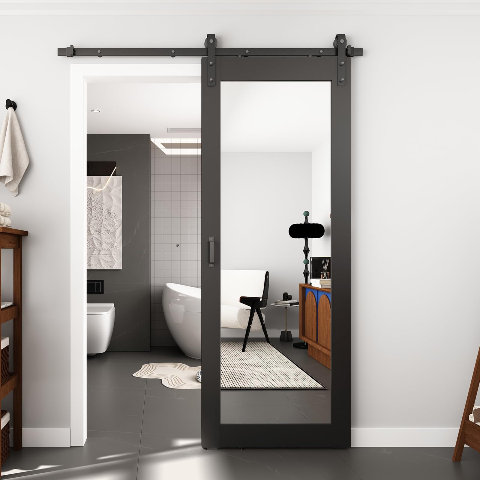 Photo 1 of BARNSMITH 32in x 84in Mirror Barn Door with 5.5FT Sliding Door Hardware Kit Included, 1 Lites Full Length, Solid Wood Water-Proof PVC Surface,No Assembly Required,Black