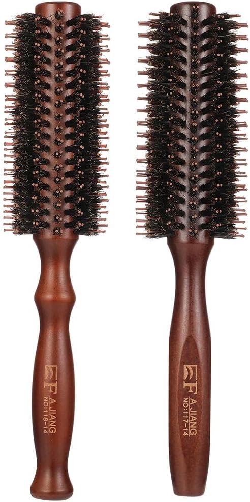 tiopeia 2 Pcs Round Brush Boar Bristle Round Hair Brush Wooden Handle Styling Brush Anti Static Quiff Roller Hair Comb for Women and Men Straightening and Curling