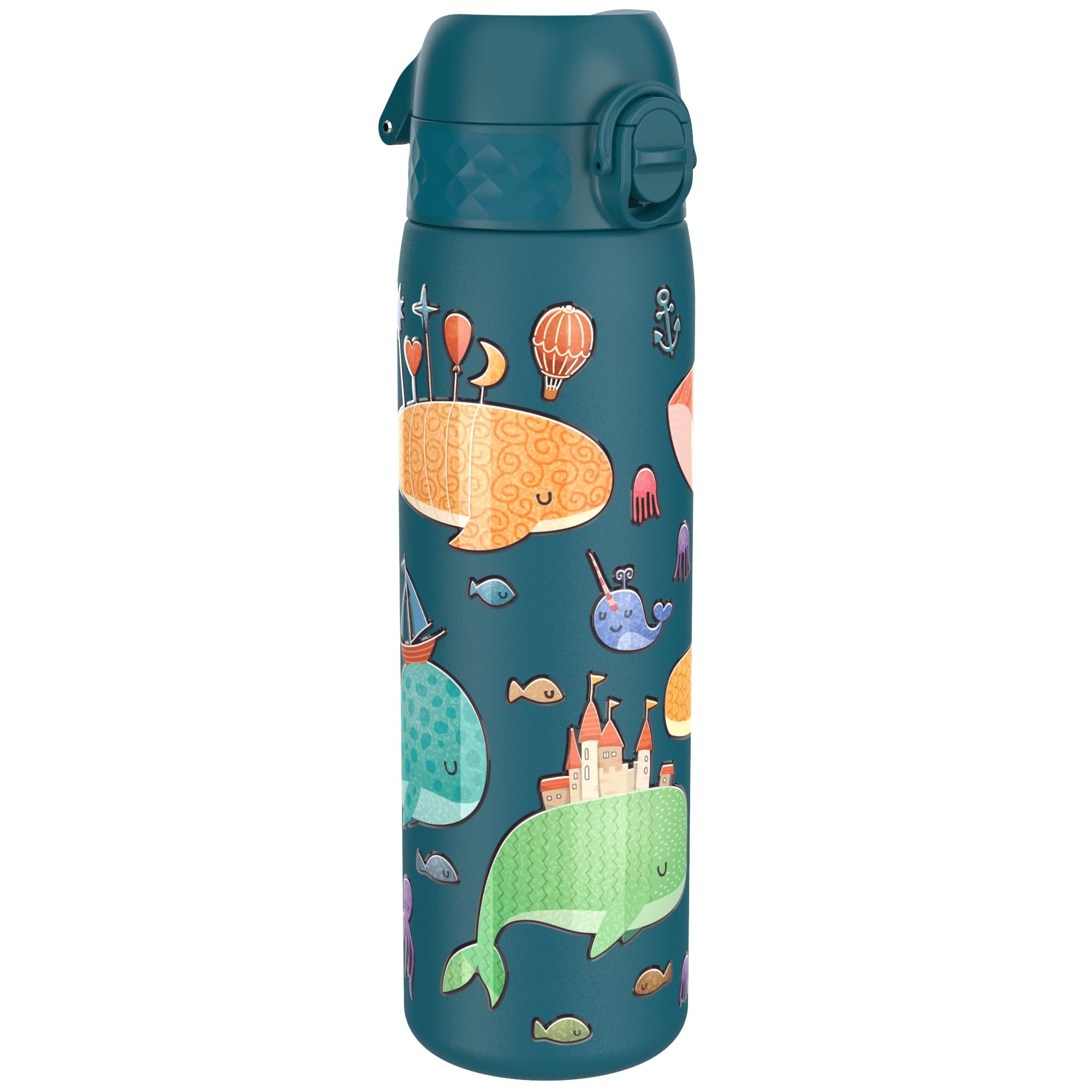 Ion8 Lightweight Steel Water Bottle, 600 ml/20 oz, Non-Insulated, Leak Proof, Easy to Open, Secure Lock, Dishwasher Safe, Flip Cover, Fits Cup Holders, Carry Handle, Metal Water Bottle, Whales