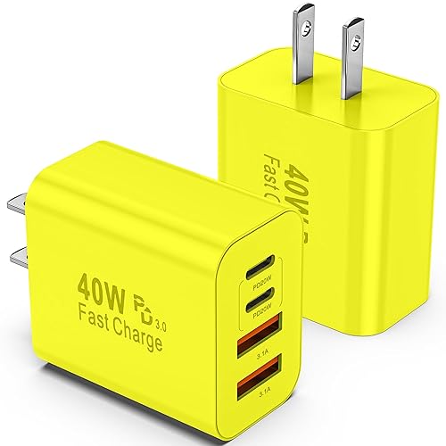 USB C Charger Block, 2 Pack 40W 4-Port iPhone Charger Fast Charging Multiport PD 3.0 & QC 4.0 Double Quick Charge, Compatible with iPhone 16/15/14/13/12/11，Pro Max，iPad, Samsung(Yellow)