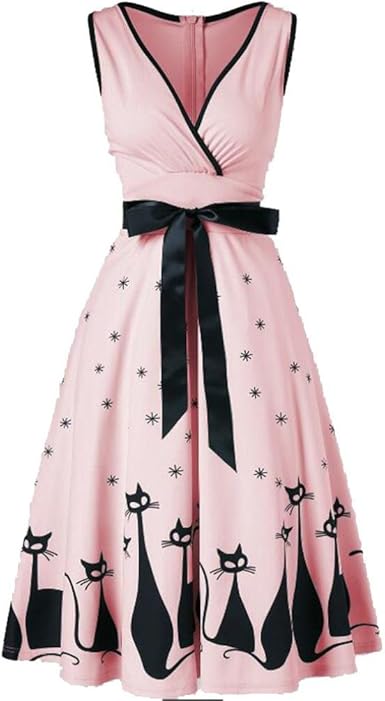 Kalorywee Sale Summer Large Size Women Sleeveless V Neck Retro Cat Print Dress Pink Amazon Co Uk Clothing