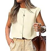 Tankaneo Womens Cropped Cap Sleeve Vest Tank Tops Summer Work Casual Crew Neck Button Down Waistcoats