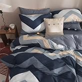 4pcs Duvet Cover Set- 100% Cotton Comfort Duvet Cover Set,a Duvet Cover,a Deep Pocket Fitted Sheet,2 Pillow Shams Home Bedding with Zipper Closure for All Season (Queen (U.S. Standard), Chevron)