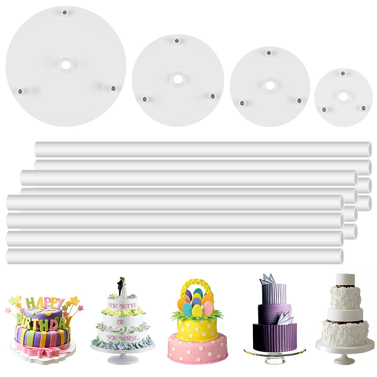 DOERDO 4 Tier Cake Separator Plates and 12 Pieces Plastic Cake Dowel Rods Set for Tiered Cake Construction and Stacking, Reusable(9cm, 12cm,16cm,20cm)
