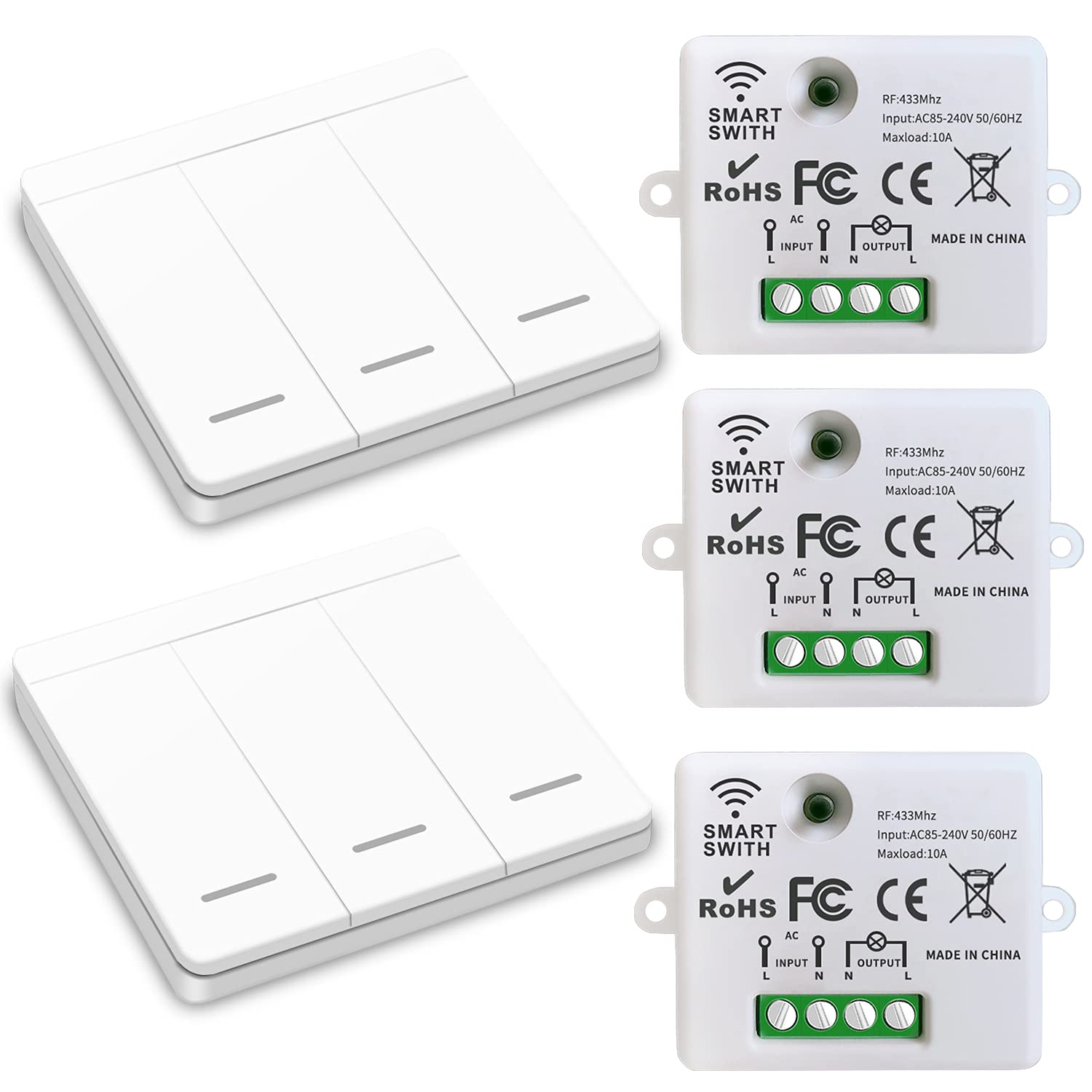 DieseRC Wireless Light Switch 86 Wall Panel RF Safety Switch and 10 Amp Relay Receiver Controller, No Wiring Easy Install, for Lights up to 1500W