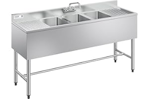 VEVOR 3 Compartment Sink, 18-Gauge 304 Stainless Steel, 10" x 14" x 10" Bowl Size, 3 Bay Commercial Under Bar Sink with Doubl