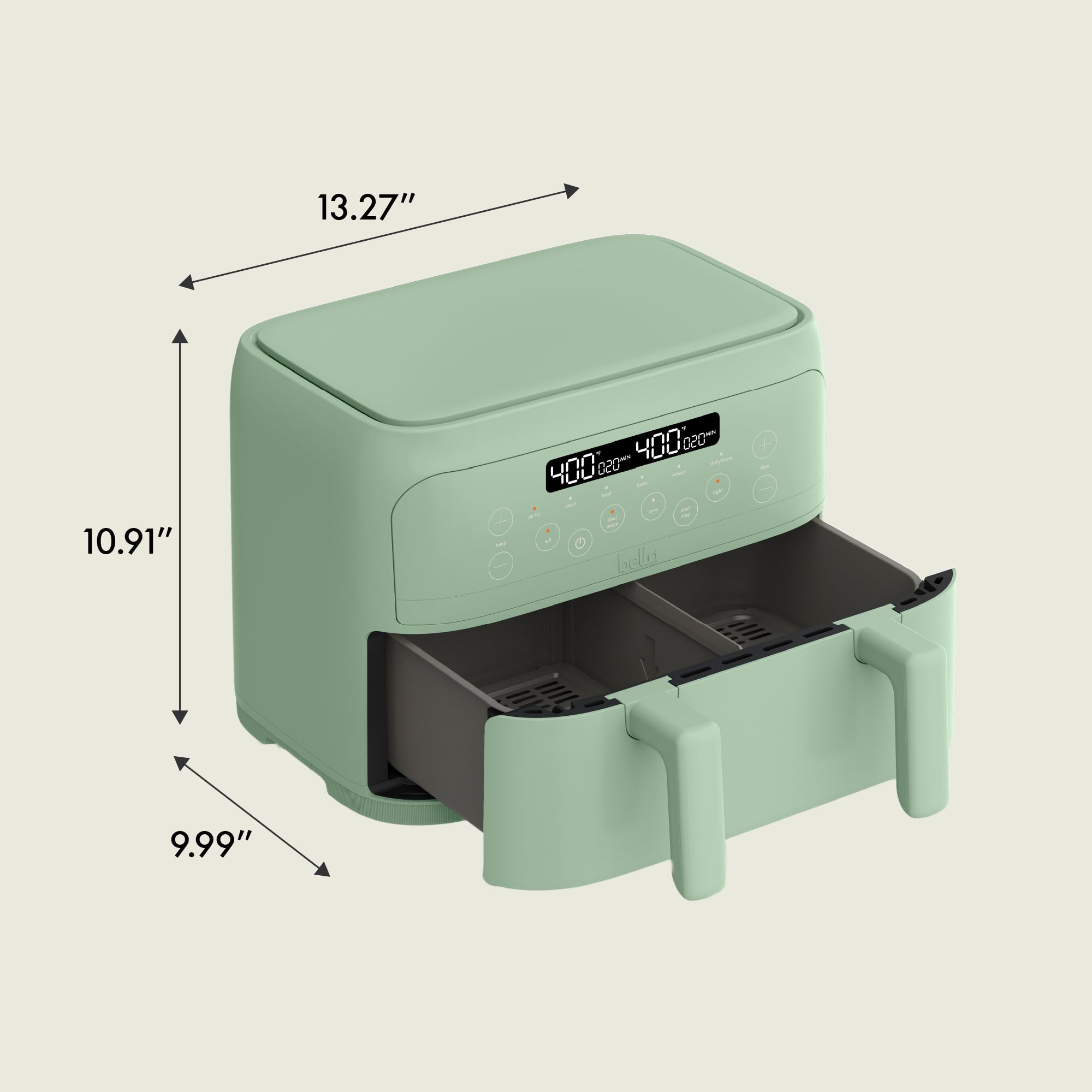 Bella Freidora de aire TriZone de 4 cuartos, revestimiento antiadherente cerámico EverGood™, diseño de canasta doble con divisor extraíble, control de pantalla táctil digital con 6 opciones de cocción preestablecidas, 1200 vatios, capacidad de 3 libras, Seaglass