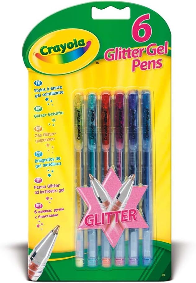 Crayola Glitter Gel Pens 6 Pack Assorted Colours Kids Arts Crafts Drawing