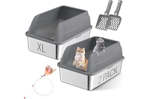 Amibud 2 Pack Stainless Steel Cat Litter Box with Lid Scoop, 60X40X30cm High Sides Enclosed Extra Large Metal Litter Boxes wi