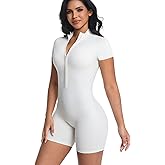 RefindWin Women Workout Jumpsuit Short Sleeve Zip Up Romper Bottom Shorts Tummy Control One Piece Bodysuit