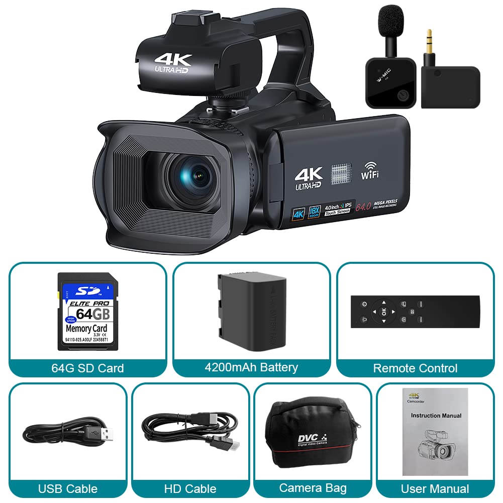 KOMERY Video Camera Camcorder UHD 4K 64MP with Focus Function 4.0 Inch Touchscreen Wireless Lavalier Mic, 18X Digital Zoom Camera, 64G SD Card WiFi