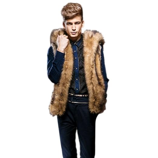 Amlaiworld Winter Herren Mode Pelzmantel Freizeit warm Mode Kunstfell Weste Ärmellos Kapuzen Jacke