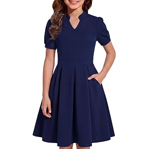 KIRACELLE Girls Summer Puff Sleeve Notch V Neck A-Line Knee Length Dress Casual Semi-Formal Church Wedding with Pockets 6-14Y