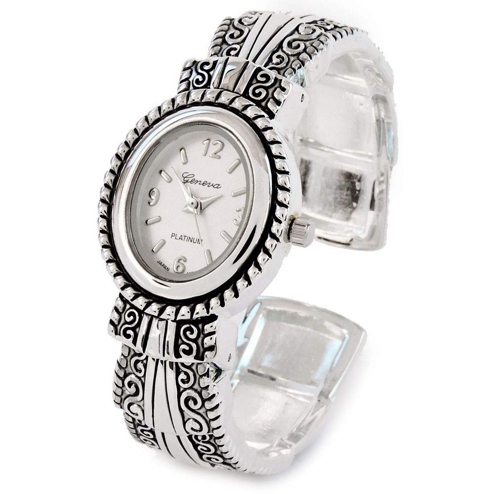 STC Silver Metal Western Style Decorated Oval Face Women's Bangle Cuff Watch, Silver, Modern