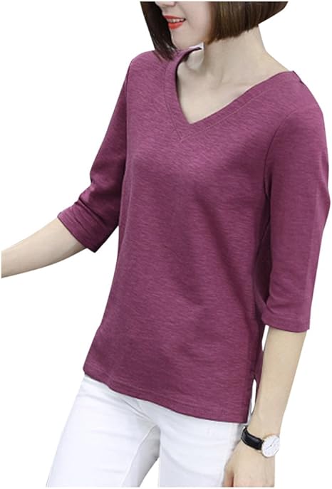 Amazon Formanism シンプル Vネック 五分袖 半袖 綿 Tシャツ ボトミング シャツ レディース トップス パープル L Tシャツ カットソー 通販
