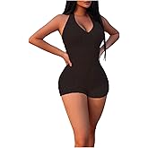 WDIRARA Women's Halter Tie Backless Shorts Romper Lace Up Bodycon Jumpsuit One Piece Outfits
