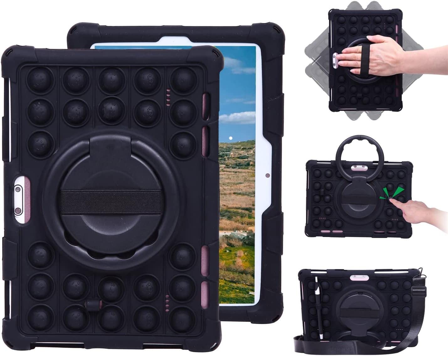 Sfulatdc Silicone Tablet Case with 360 Rotating Kickstand Handle/Shoulder Strap Compatible with Digiland DL1036 10.1",Dragon Touch Notepad K10/Max10,ZONKO K105 10 Inch,Winsing 10 Black