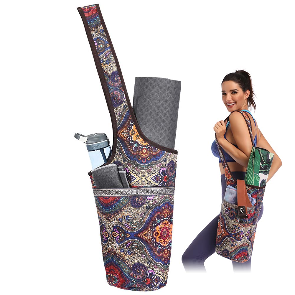 Tyuodna Yoga Mat Bag, Large Size Canvas Yoga Mat Bag, National Wind Yoga Mat Bag with Large Pocket & Zipper Pocket, Fit Most Size Mats (Blue Cashew Flower)