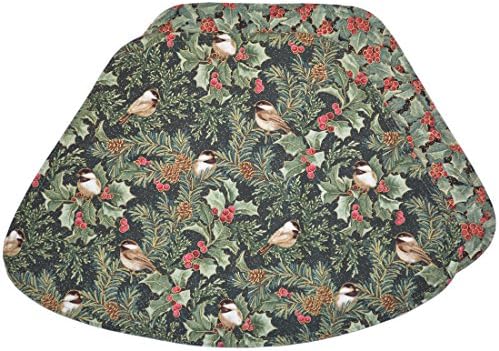 Set of Two Green Holly and Chickadees Holiday Wedge-Shaped Placemat for Round Tables