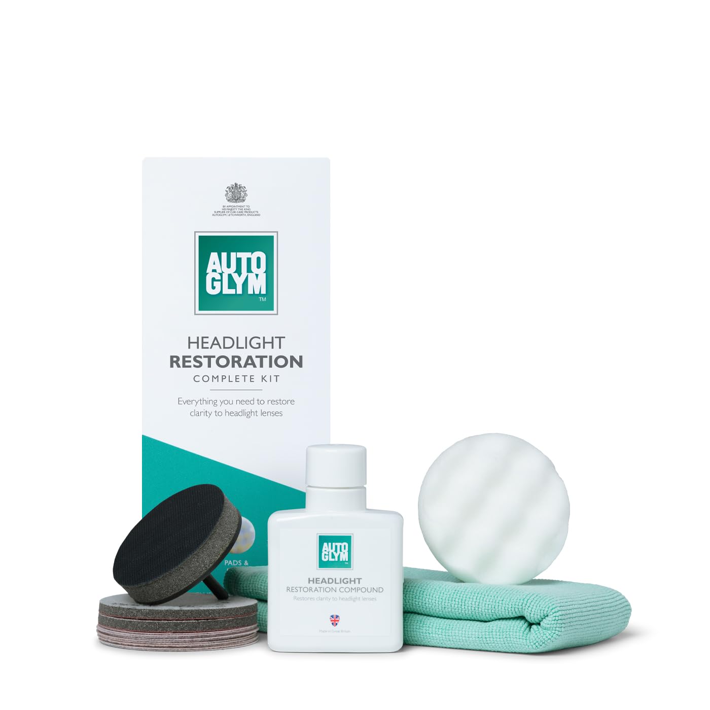 Autoglym Headlight Restoration Complete Kit, Quickly Restore Cloudy And Discoloured Headlights, Designed For Use With An Electric Drill, Includes Sanding Discs, Restoring Compound And Microfibre Cloth