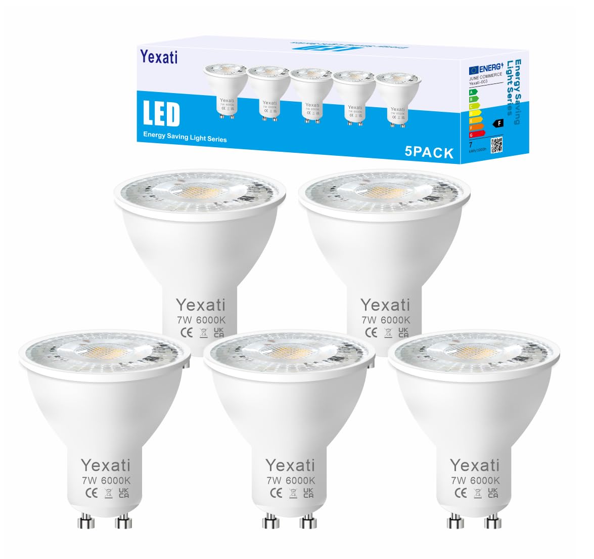 Yexati GU10 LED Bulbs,550 lumens,7w(Equivalent to 50w Halogen LED),Cool White 6000K,Non Dimmable,Pack of 5
