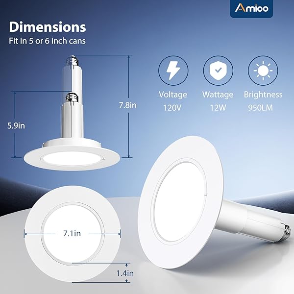AMICO 5/6 INCH 5CCT LED RECESSED LIGHTING 6 PACK, 12W=100W, 950LM ADJUSTABLE CAN LIGHTS, 2700K/3000K/4000K/5000K/6000K SELECTABLE, DIMMABLE, IC & DAMP RATED, RETROFIT INSTALLATION – ETL & FCC