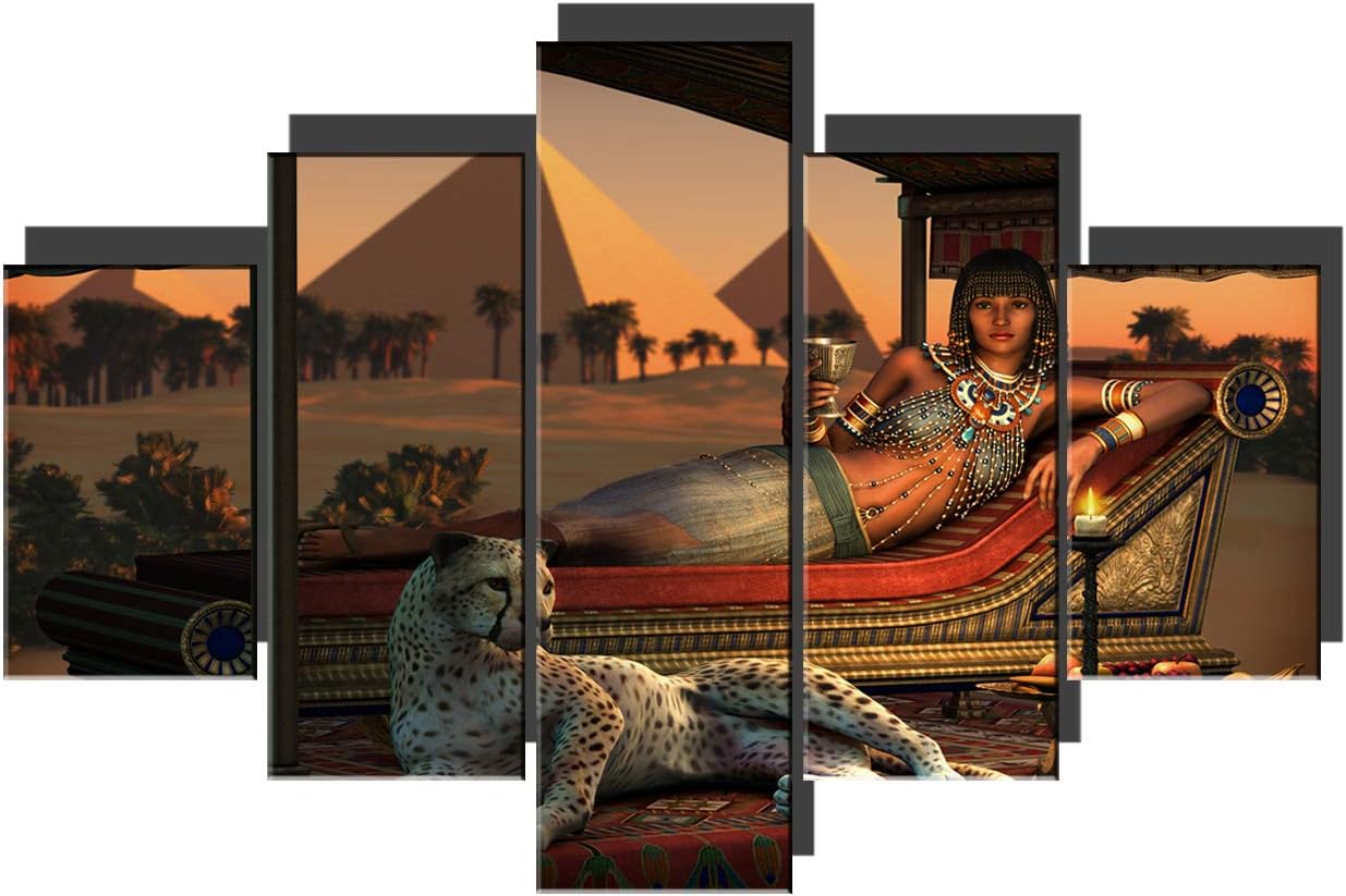 TUMOVO Contemporary Wall Art Ancient Egyptian Lady Artwork on Canvas 5 Piece Prints Painting for Living Room Tame Cheetah Pictures House Decor Wooden Framed Gallery-Wrapped Ready to Hang(60''Wx40''H)
